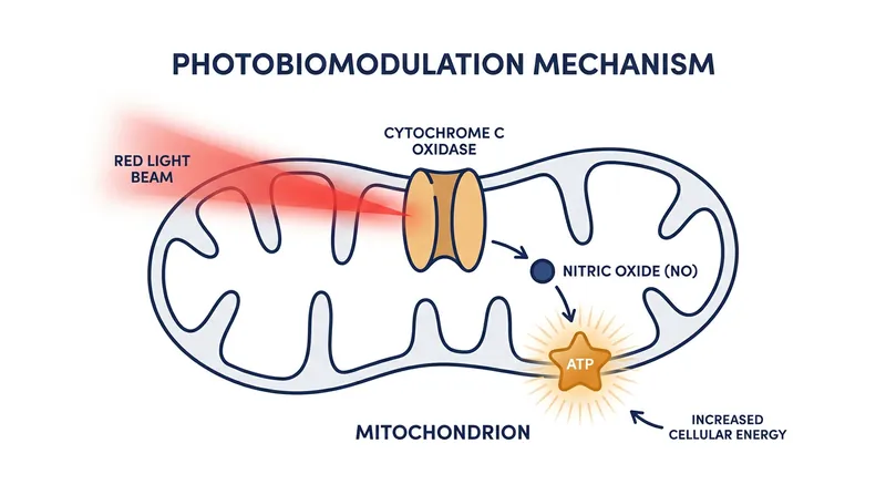 Red and near-infrared light breaks the bond between nitric oxide and cytochrome c oxidase, restoring the cell's ability to produce ATP.
