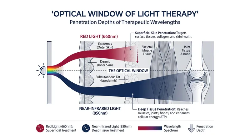 While red light treats superficial tissue, invisible near-infrared wavelengths are required to reach deep muscle fibers.