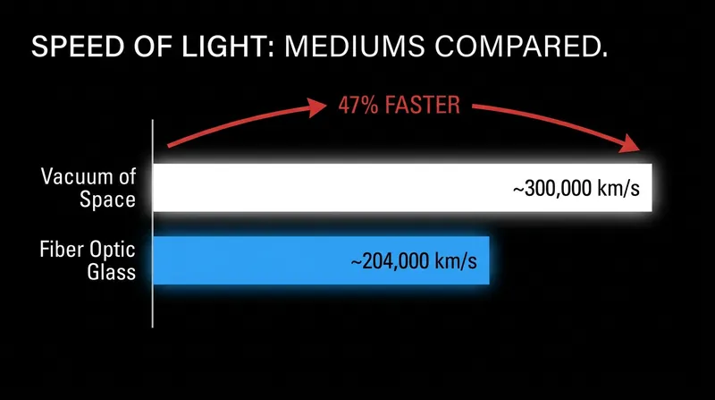 Light travels significantly faster through the vacuum of space than through the solid glass core of terrestrial fiber optics.