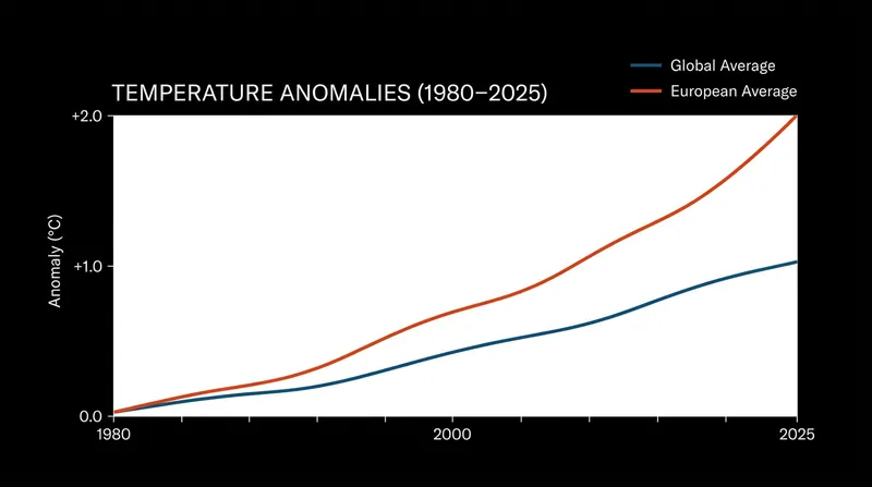 Since the 1980s, Europe's temperature trajectory has sharply diverged from the global mean.