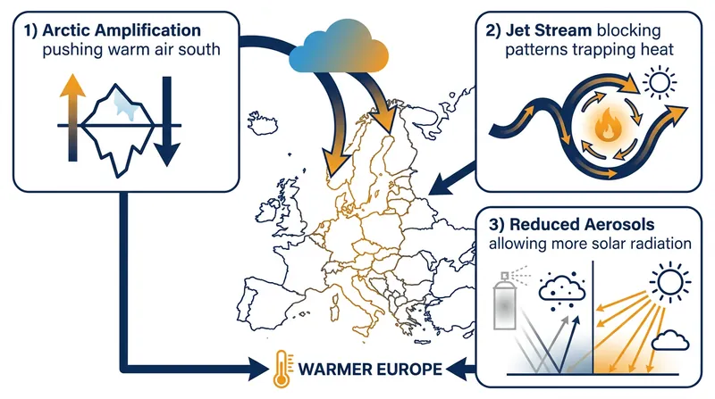 The three primary mechanisms driving Europe's accelerated warming.