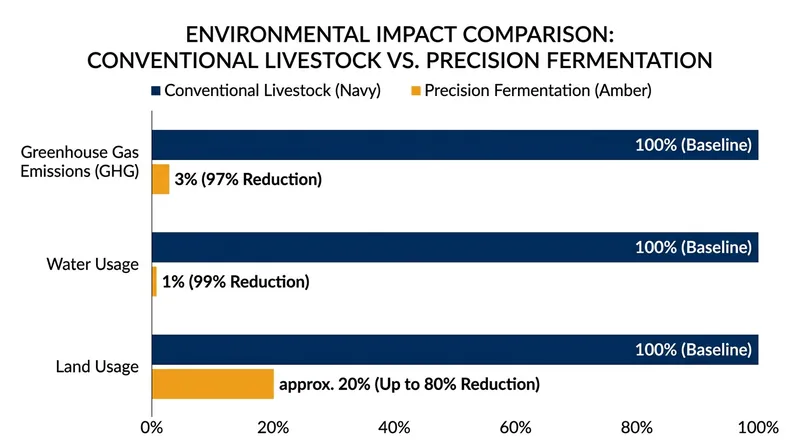 Precision fermentation decouples protein production from arable land, drastically reducing its environmental footprint.