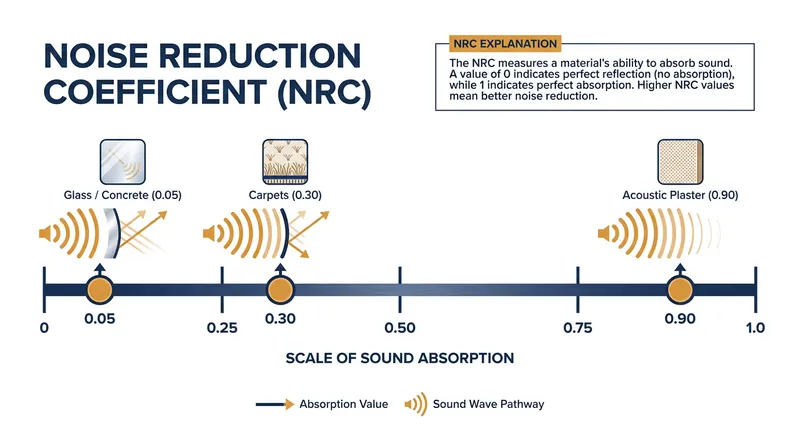 The Noise Reduction Coefficient (NRC) measures how effectively a material absorbs sound waves.