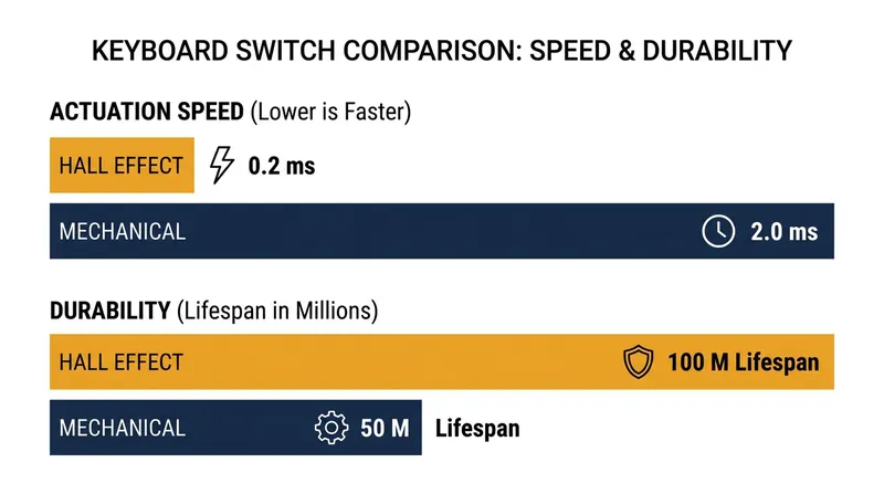 Hall Effect sensors offer measurable advantages in both input latency and long-term switch durability.