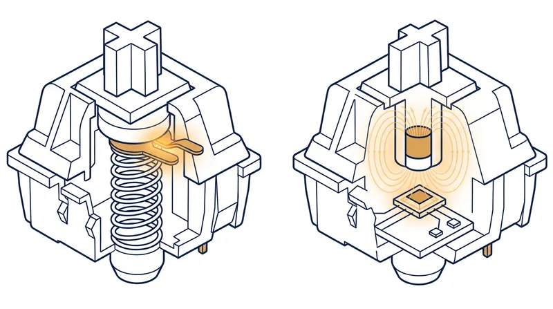 Mechanical switches rely on physical metal contacts, while Hall Effect switches use magnets to measure continuous travel distance.