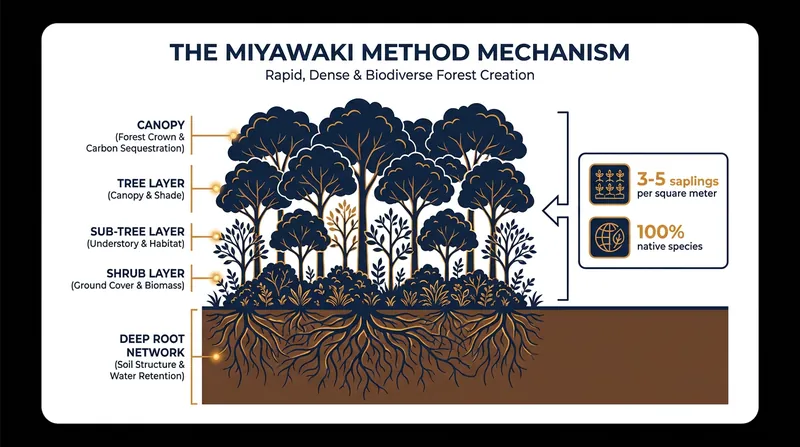 The structural complexity of a Miyawaki forest relies on extreme density and layered native species.