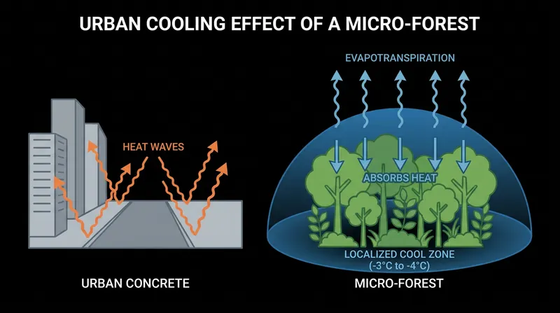 Dense multi-layered canopies create localized thermal refuges through rapid evapotranspiration.