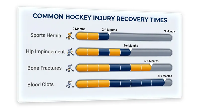 Average recovery timelines for the most common severe hockey injuries.
