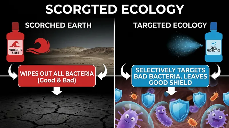 Unlike broad-spectrum mouthwashes, targeted probiotics use competitive inhibition to maintain a healthy oral ecosystem.