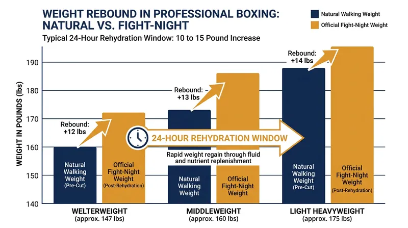 Fighters can regain upwards of 10 to 15 pounds of water weight between the official weigh-in and the opening bell.