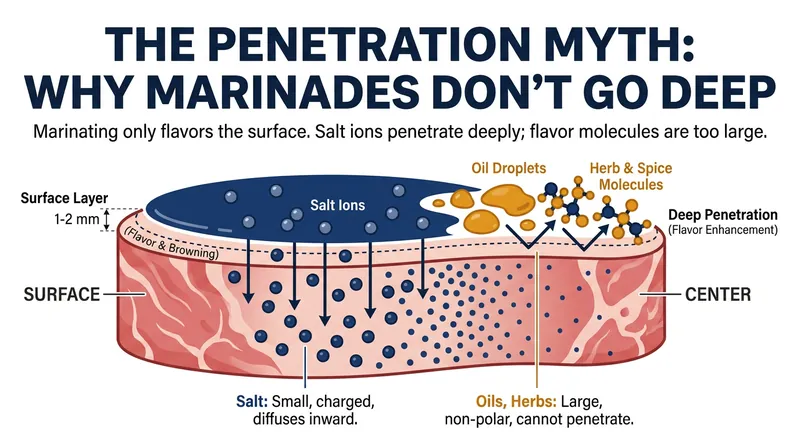 Because meat is fully saturated with water, large flavor molecules and oils cannot penetrate the tightly packed muscle fibers.