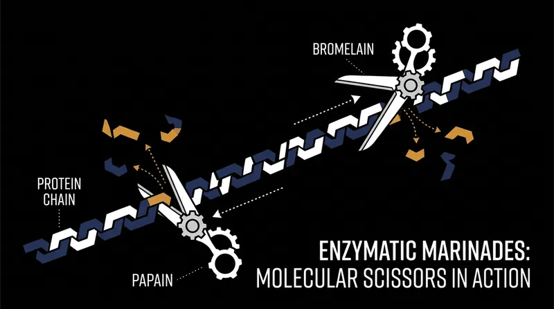 Proteolytic enzymes found in tropical fruits act as molecular scissors, physically severing the amino acid chains in tough meat.