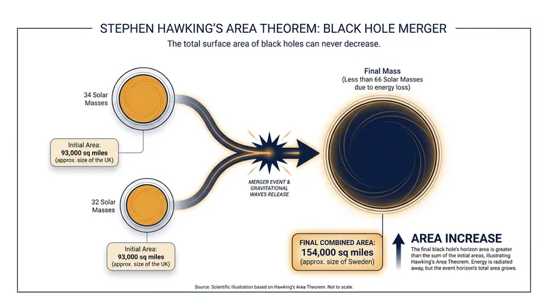 The merger provided empirical proof of Hawking's Area Theorem, showing the total surface area of the event horizon increased.