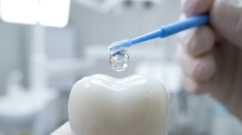 The liquid penetrates deep into the microscopic tubules of the decayed dentin, hardening the compromised structure.