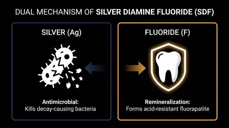 SDF relies on a synergistic chemical reaction: silver neutralizes the infection, while fluoride rebuilds the tooth's mineral defenses.