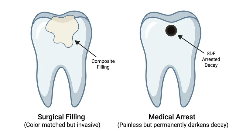 Because the silver oxidizes as it kills the bacteria, the treated decay permanently turns black—a trade-off many accept to avoid the drill.