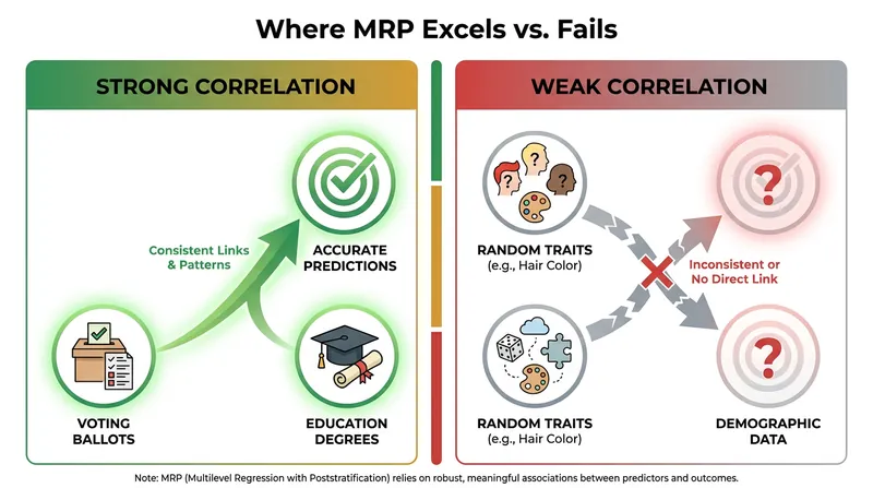 MRP relies entirely on strong correlations between demographic traits and the opinion being measured.