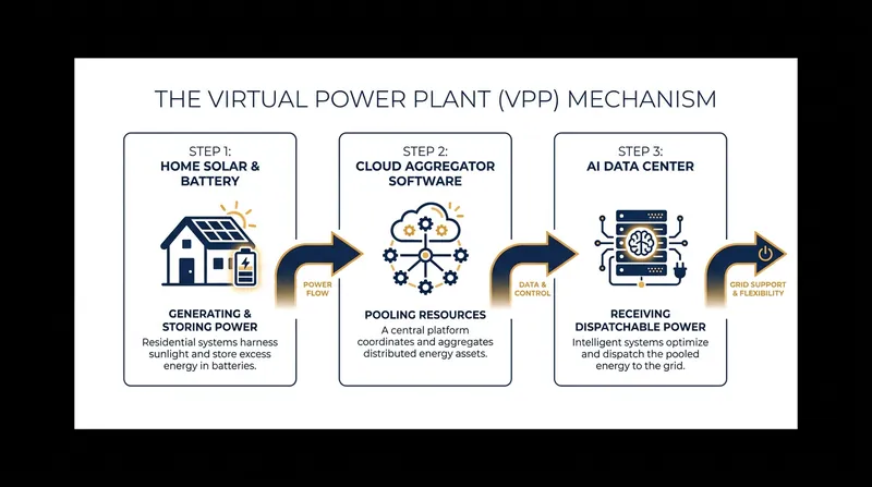 How a Virtual Power Plant aggregates residential energy to supply commercial data centers.