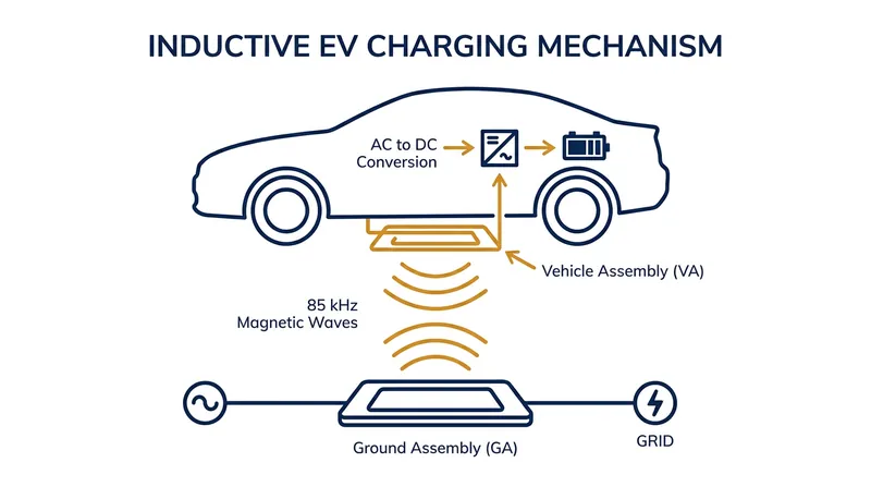 Inductive charging uses a rapidly oscillating magnetic field to transfer energy across an air gap.