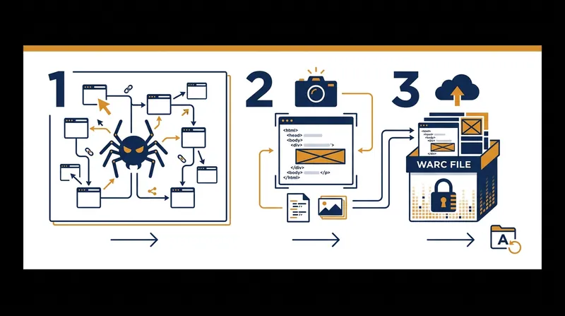 Automated crawlers package web pages into WARC files to preserve their visual and functional state.