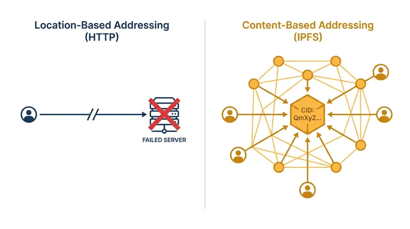 Decentralized networks like IPFS use cryptographic fingerprints to find files across a peer-to-peer network, rather than relying on a single server.