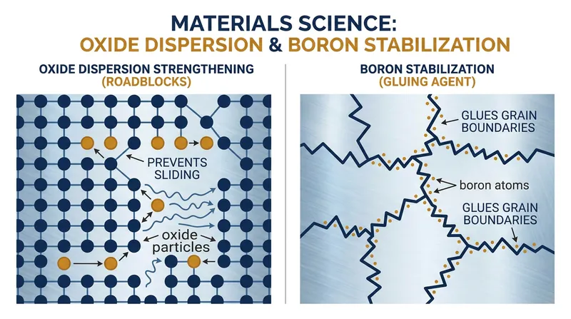 Nanometer-scale oxide particles and trace boron atoms work together to lock the metal's internal structure in place under extreme heat.