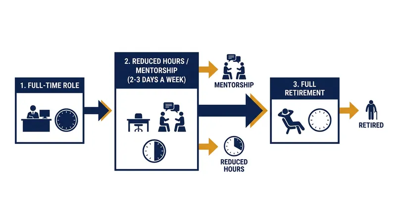 Phased retirement models replace the traditional hard-stop exit with a gradual, multi-year transition.
