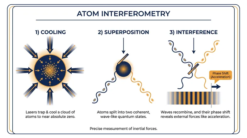 Atom interferometry measures the wave-like interference patterns of super-cooled atoms to detect minute changes in acceleration.