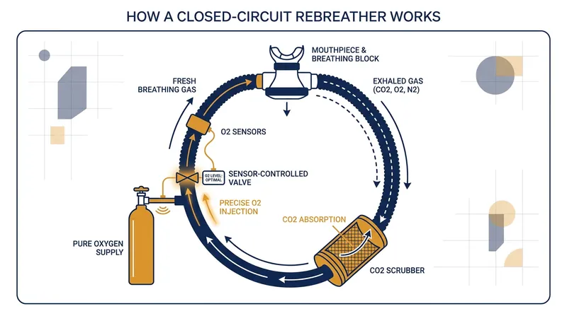 Unlike traditional scuba, a rebreather captures exhaled breath, chemically scrubs the carbon dioxide, and replaces the metabolized oxygen.