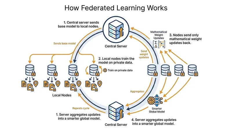 The federated learning cycle brings the model to the data, rather than centralizing sensitive information.