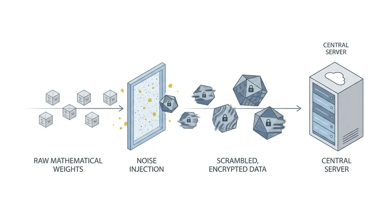 Differential privacy injects calibrated noise into model updates, preventing attackers from reverse-engineering the data.