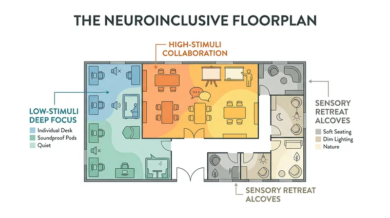 A neuroinclusive layout offers a menu of spaces, allowing employees to match their environment to their current task.