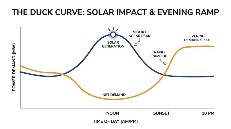 The 'Duck Curve' illustrates the severe imbalance between peak solar generation and peak evening demand.