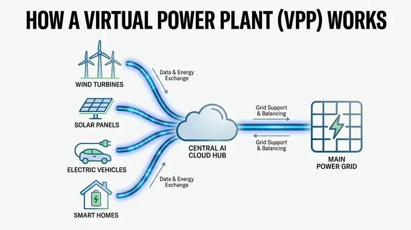 Virtual Power Plants use AI to aggregate thousands of decentralized energy resources into a single, controllable grid asset.