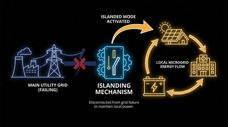 During an outage, automated switchgear physically disconnects the microgrid from the main lines, trapping local power for local use.