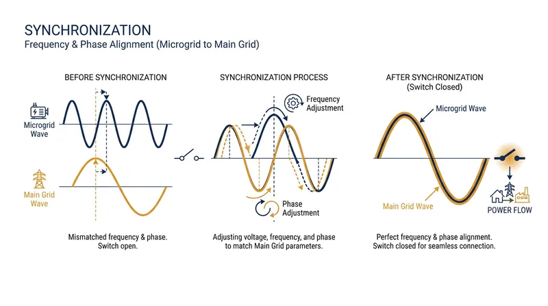 Reconnecting an islanded microgrid requires the controller to perfectly synchronize its voltage and frequency with the returning utility power.