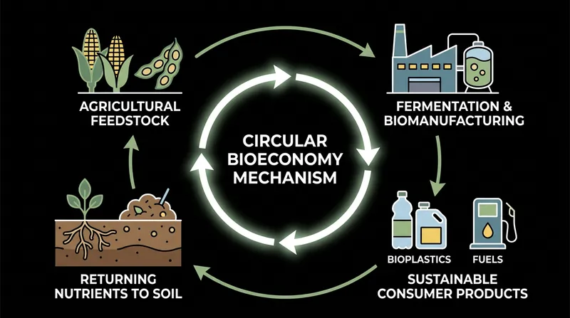 The circular bioeconomy replaces petroleum extraction with renewable biological feedstocks.