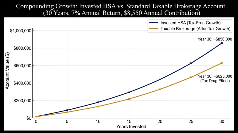 Investing HSA funds over a 30-year career can generate hundreds of thousands of dollars in tax-free medical capital.