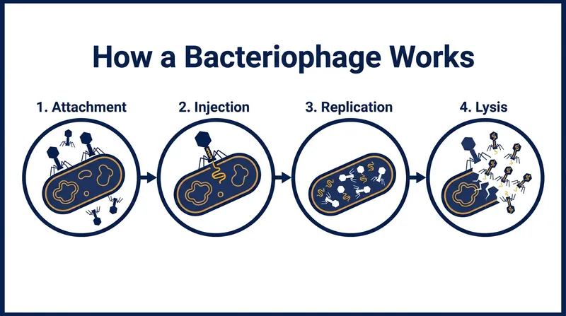 Phages hijack the cellular machinery of specific bacteria, forcing them to replicate the virus until they burst.