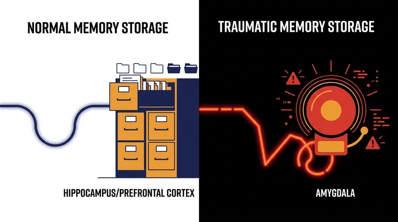 Trauma disrupts the brain's natural filing system, trapping memories in the amygdala's fear center.