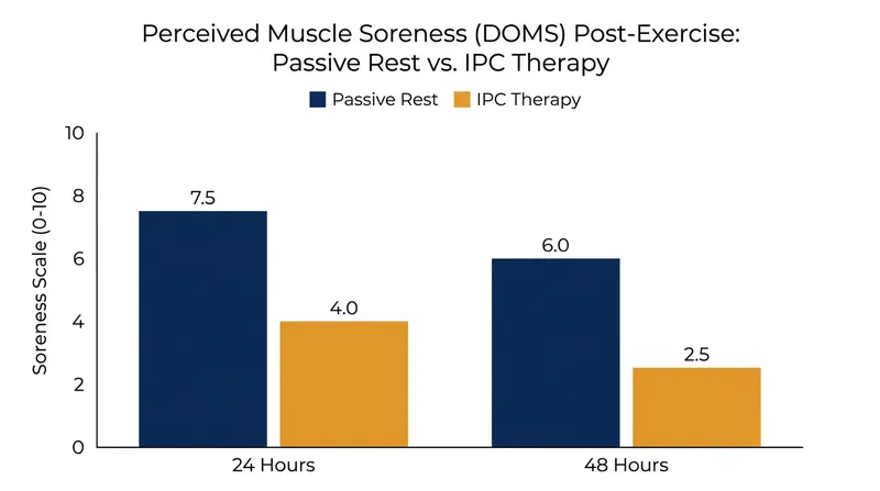 Clinical trials consistently show that pneumatic compression significantly reduces perceived muscle soreness at 24 and 48 hours post-exercise.