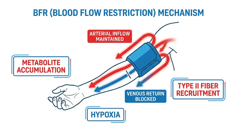 The mechanism of BFR: oxygenated blood enters the limb, but deoxygenated blood cannot leave, creating a hypoxic environment.