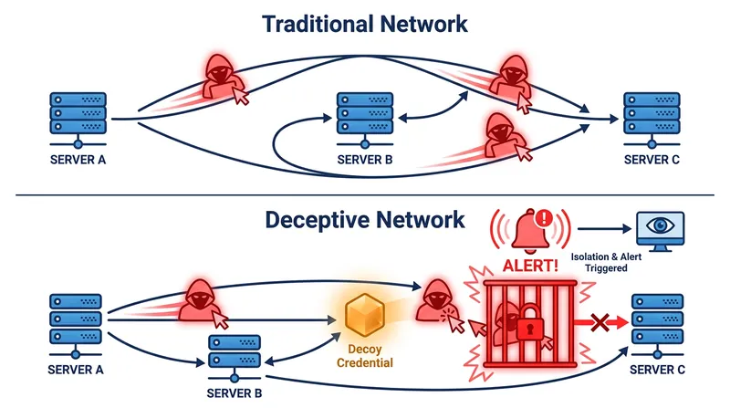 Unlike traditional security that looks for known bad behavior, deception technology alerts defenders the moment an attacker interacts with a fake asset.