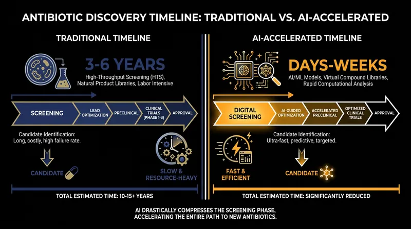 AI drastically compresses the initial discovery phase, though clinical trials still require years of testing.