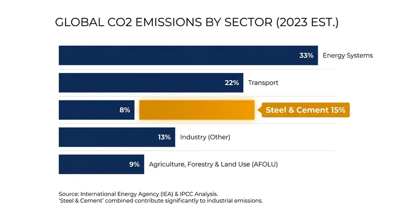 Steel and cement production combined account for roughly 15% of all global carbon dioxide emissions.