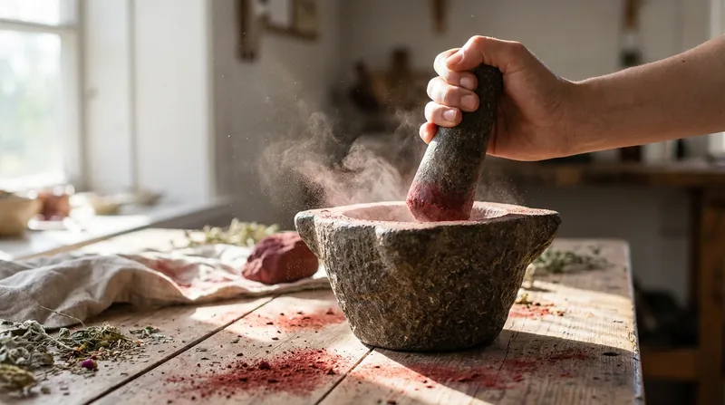 Breaking down foraged rocks into a fine powder requires significant physical effort and patience.