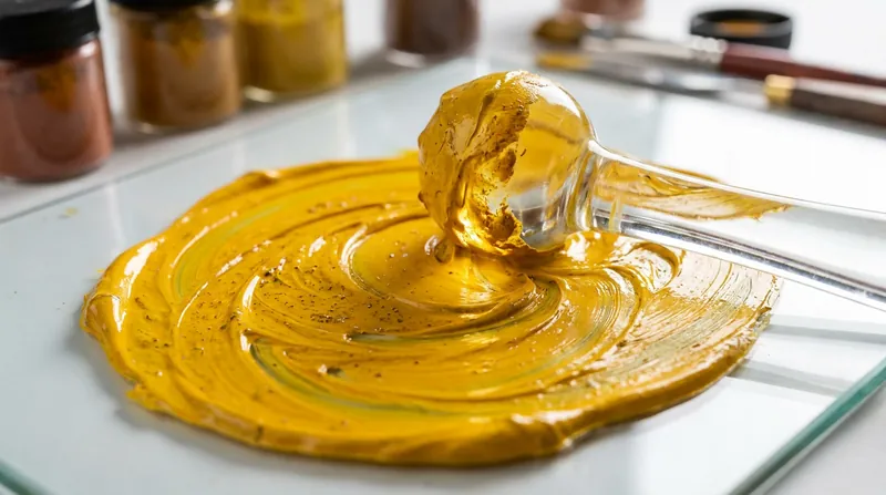 A glass muller is used to evenly disperse the fine pigment powder into the liquid binder.