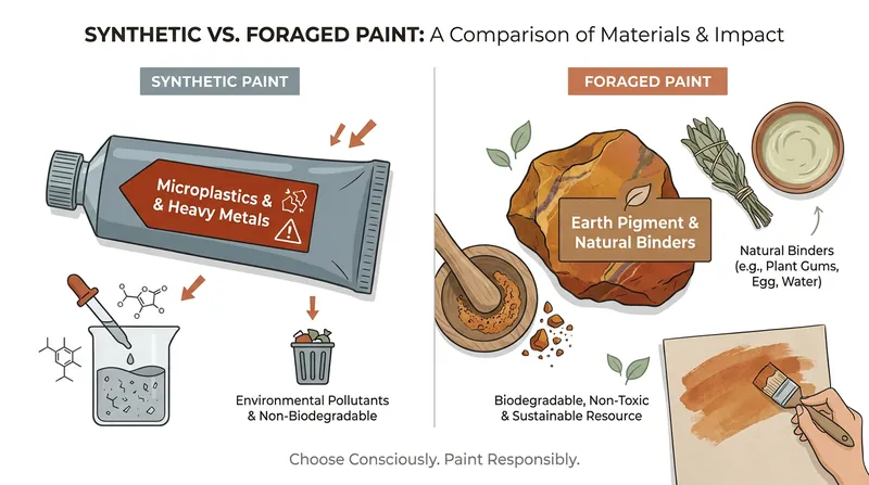 The shift from synthetic acrylics to natural earth pigments eliminates microplastics from the studio.