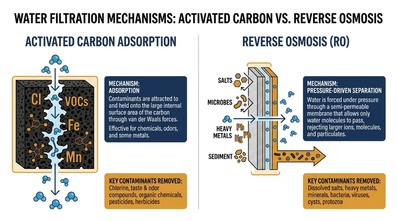 Carbon blocks rely on chemical adsorption, while reverse osmosis uses a mechanical semi-permeable membrane to block microscopic contaminants.