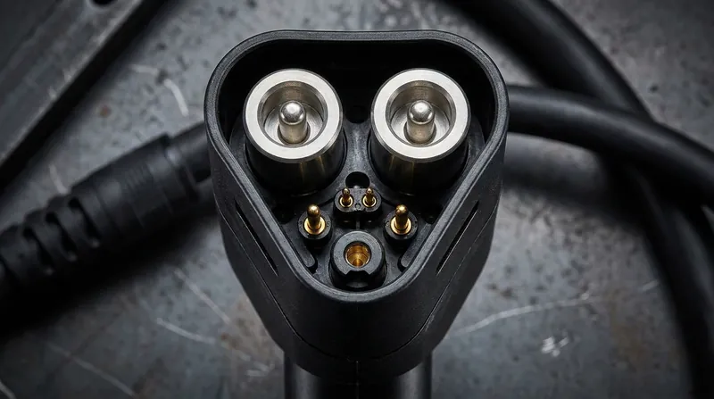 The inverted-triangle MCS connector features seven pins and active liquid cooling.